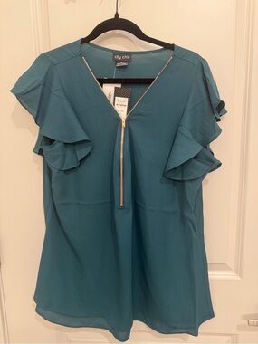 City Chic teal ruffle sleeve blouse with gold zip